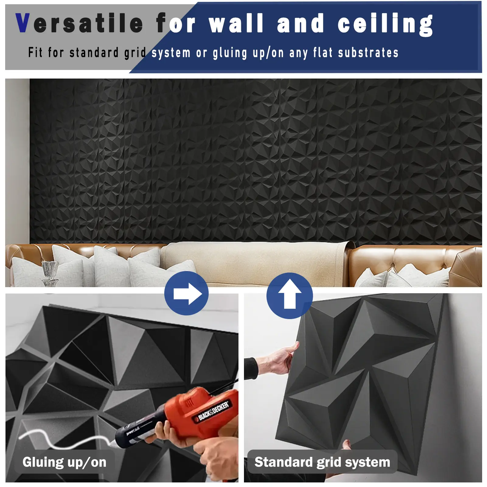 Art3d Panneaux muraux 3D Premium à motif diamant - Noir 30 x 30 cm (Lot de 33)