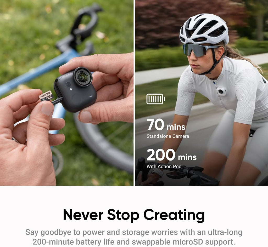 Insta360 GO Ultra Standard Bundle Midnight Black - Mini caméra 4K mains libres, légère et portable, excellente performance en basse lumière, fixation partout, stabilisation FlowState