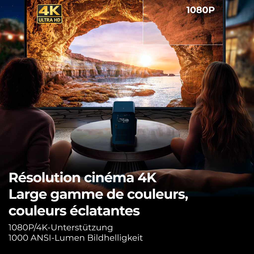 ULTIMEA Projecteur Poseidon E40 1000 lumens ANSI natif 1080P, compatible 4K, Android TV 11.0 & Netflix, mise au point automatique & correction trapézoïdale automatique 6D