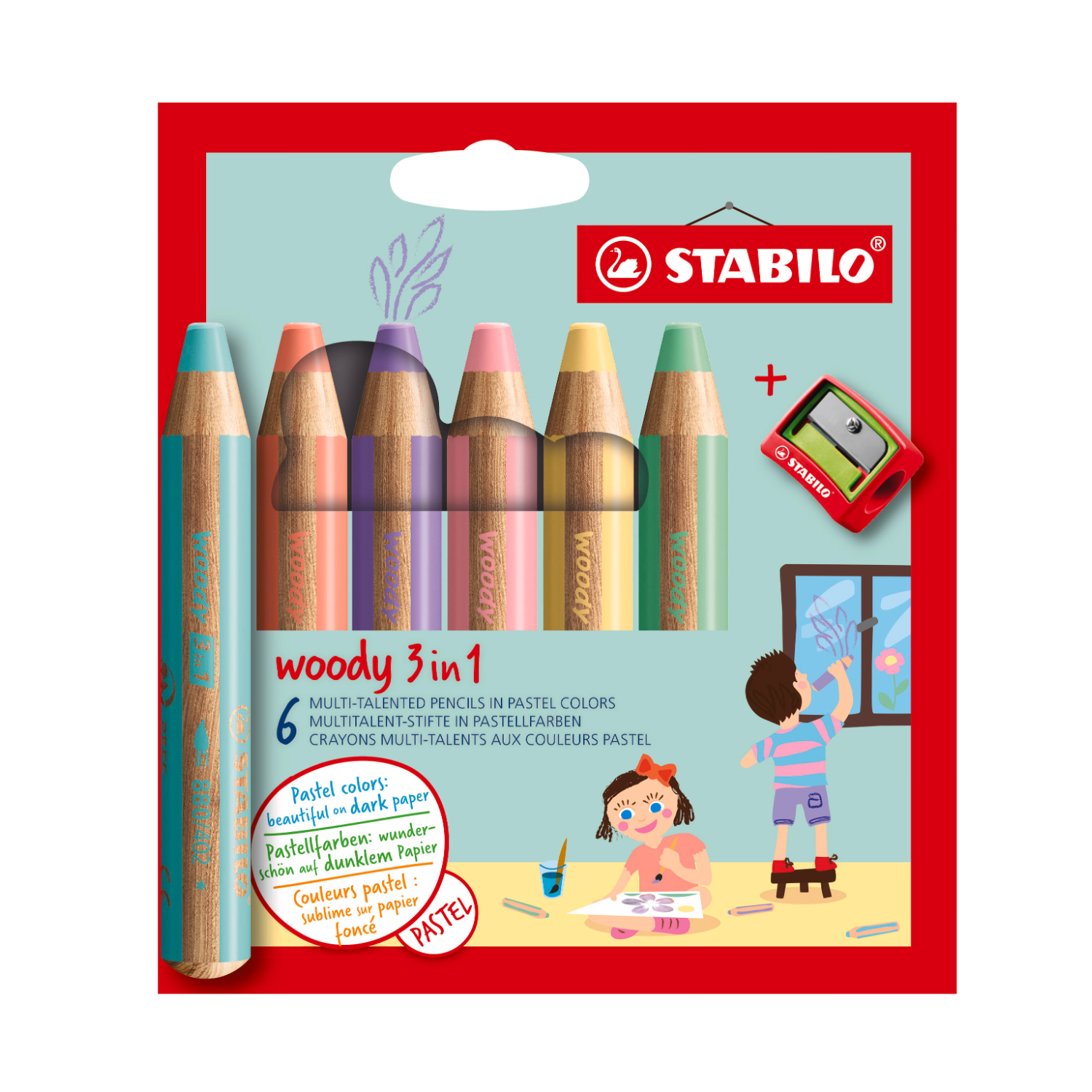 STABILO Woody Lot de crayons de couleur 3-en-1 - 6 couleurs pastel (Aquarelle et crayon de cire) avec taille-crayon