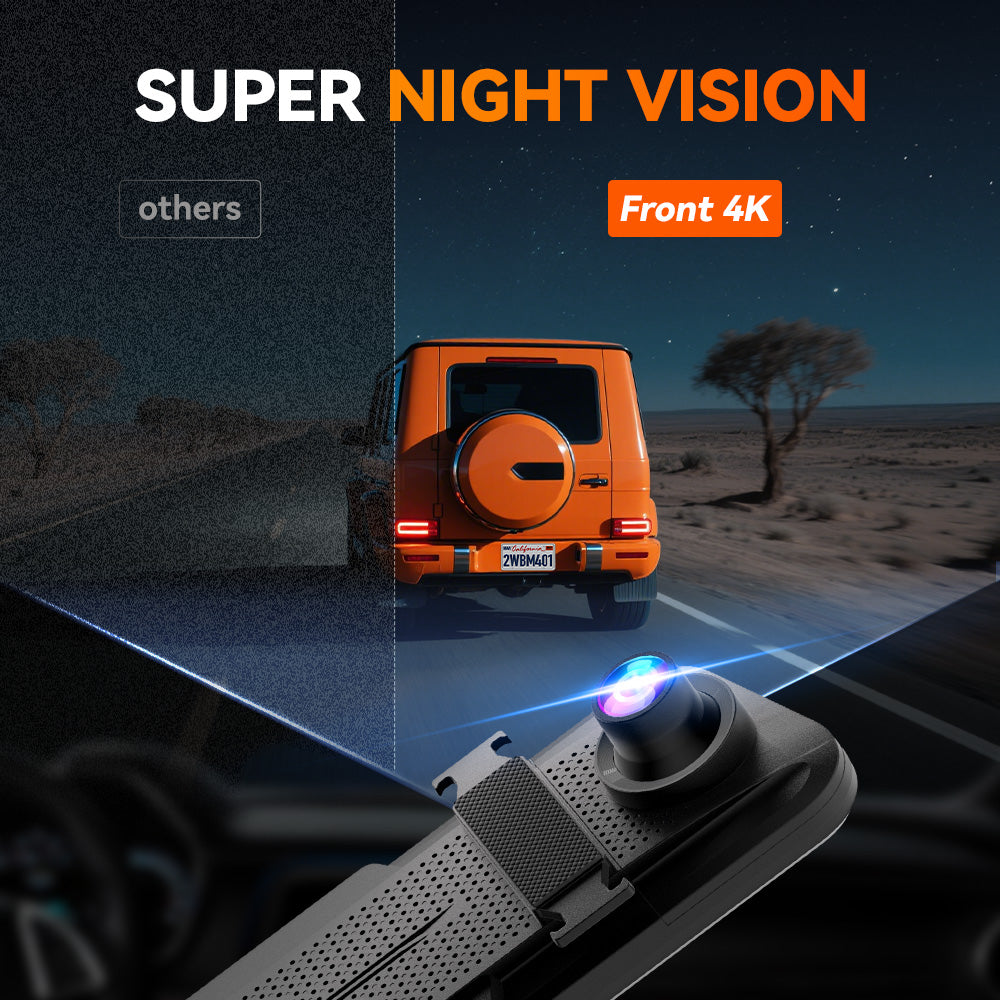 WOLFBOX M40 Caméra de rétroviseur 10 pouces, Caméra embarquée avant et arrière 4K+1080P, Caméra embarquée rétroviseur avec ADAS/BSD, Commande vocale, Carte 64 Go incluse, Wi-Fi et GPS