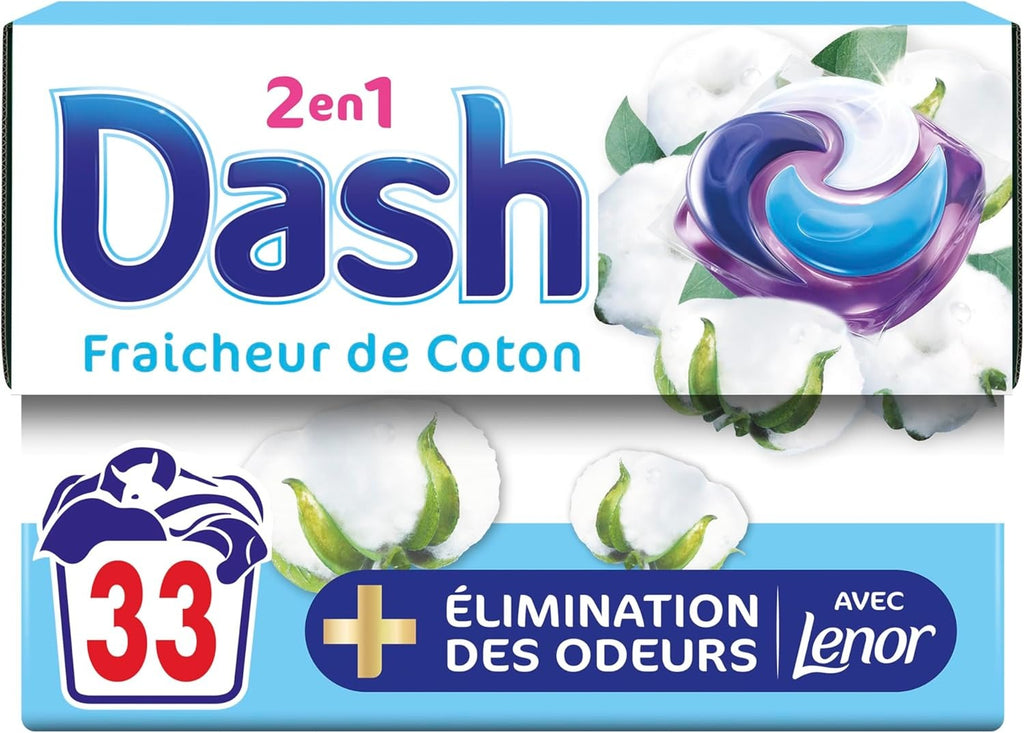 DASH Lessive Capsules 2en1 Fraîcheur de Coton 33 capsules