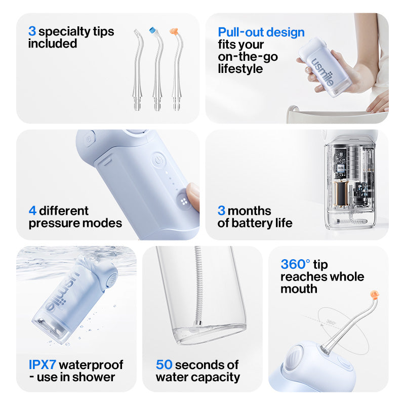 usmile C10 Hydropulseur dentaire portable, Autonomie 95 jours, 4 modes, Buse 360°, Réservoir 180 ml, Étanche IPX7