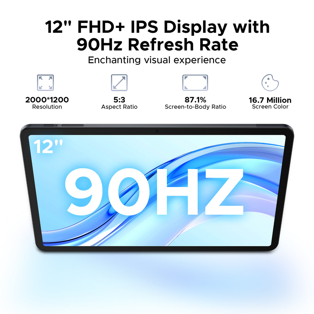 DOOGEE Tab E3+ Tablette Android 15, 12 po FHD+ avec emplacement pour carte SIM, Tablette de jeu IA octa-cœur Helio G100, 90 Hz, 32 Go + 256 Go / 2 To, 8800 mAh, Ultra-fine 7,5 mm, Quatre haut-parleurs, Face ID, Bleu