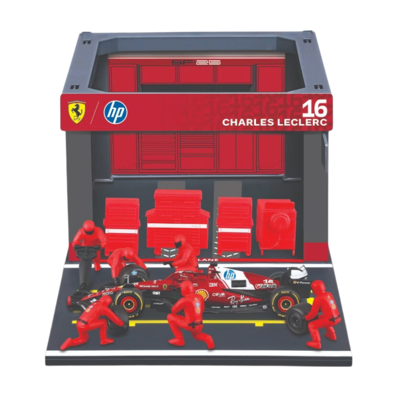 1/43 Bburago Pit-Stop Ferrari SF 25 (véhicule + figurines de mécaniciens + paddock + accessoires) #16 Leclerc