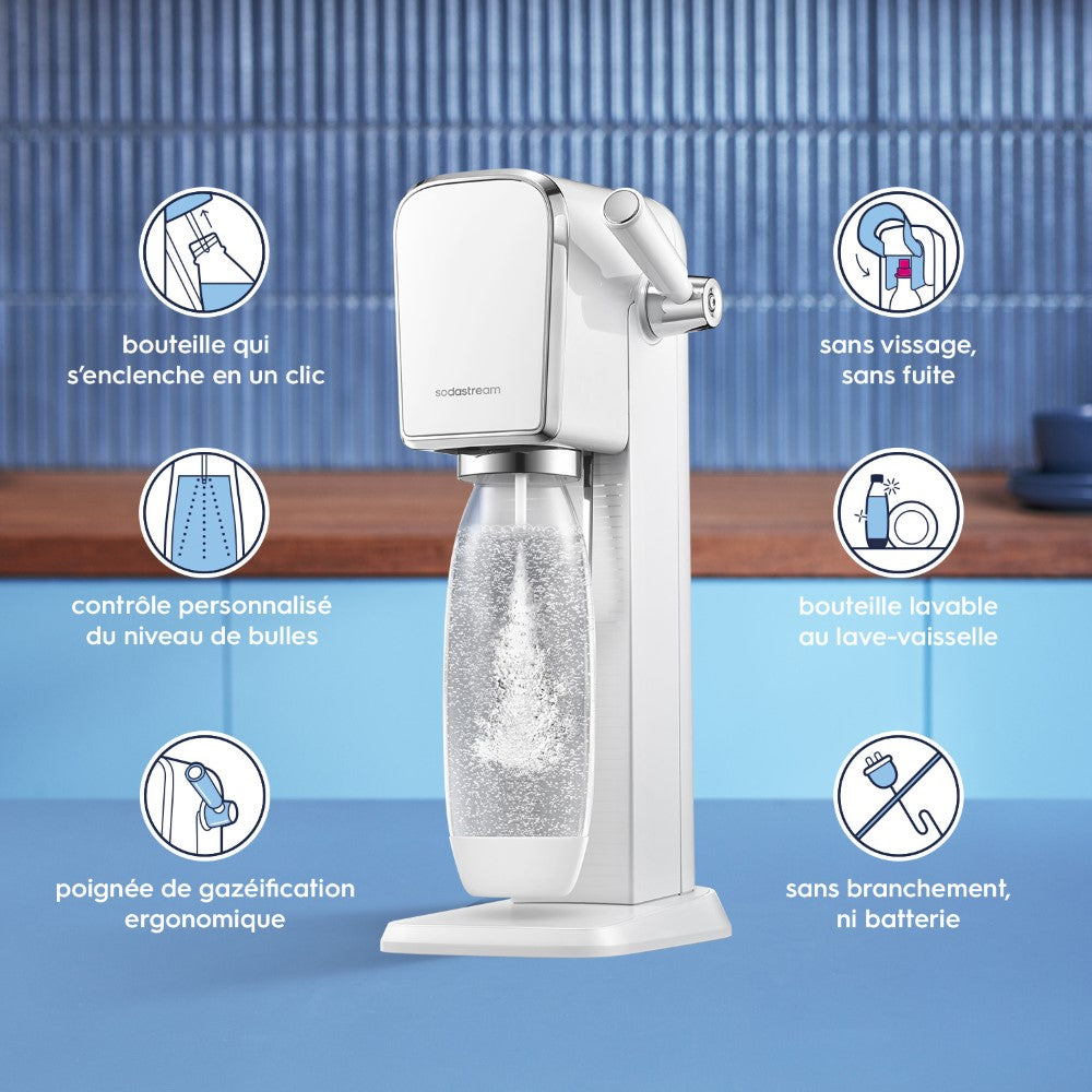 SodaStream ART Machine à Eau Pétillante et Soda | Pack 1 Bouteille 1L Compatible Lave-Vaisselle + 1 Recharge de Gaz 60L à Clipser | Blanche