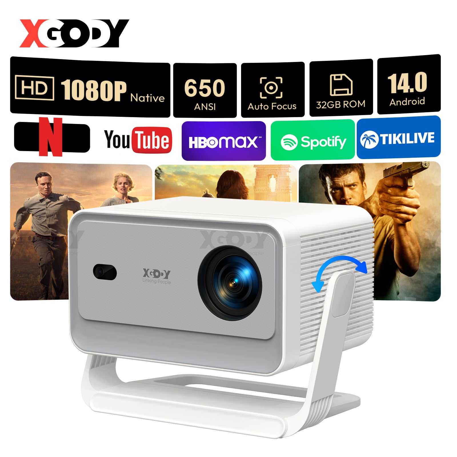 XGODY Gimbal A6 Pro Projecteur portable, prise en charge 8K, 1080p natif et 650 ANSI, Android 14.0, Wi-Fi 6 et Bluetooth 5.4
