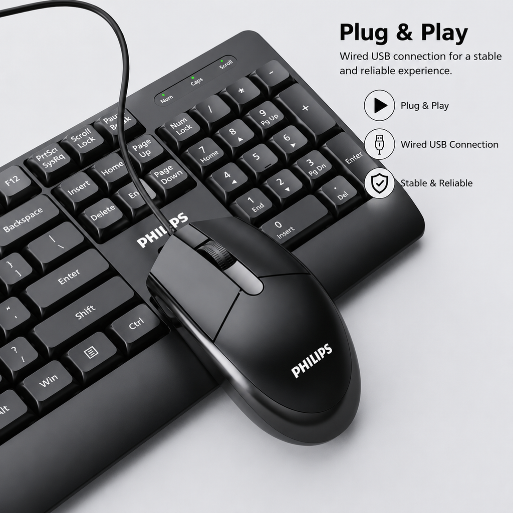 PHILIPS Pack clavier et souris filaire, Série 2000, SPT6237B/19, Version française, Noir