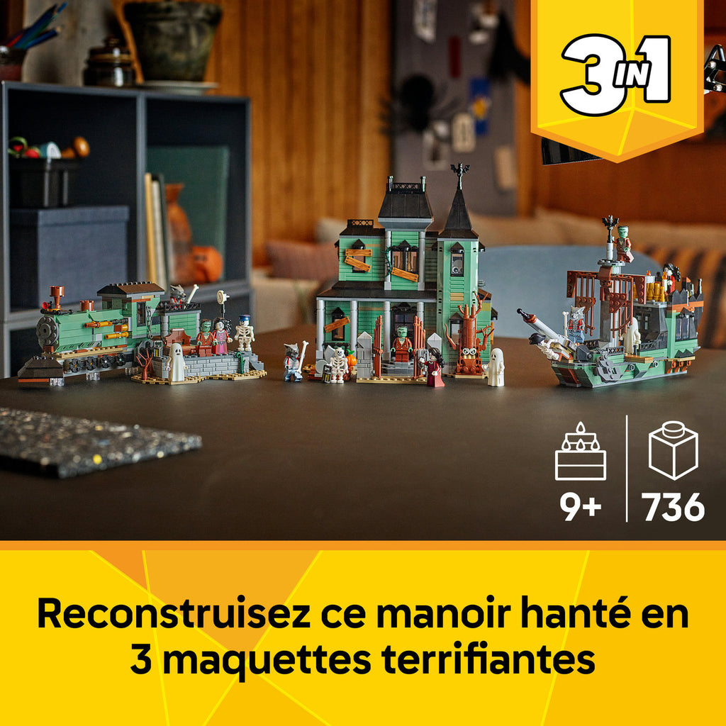 LEGO Creator 3 en 1 Maison Hantée, Bateau Fantôme & Train Fantôme 31167 Set de Construction Jouet (736 Pièces)