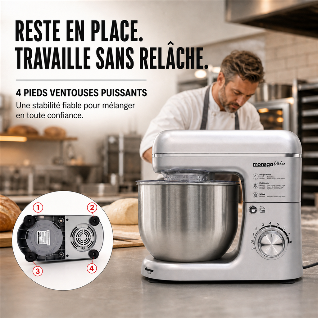 monsga SM100 Robot pâtissier, 1000 W, Noir/Argent, Bol mélangeur en acier inoxydable 6,0 L, Silencieux, Fouet, Crochet pétrisseur, Batteur et Couvercle anti-éclaboussures, 8 vitesses