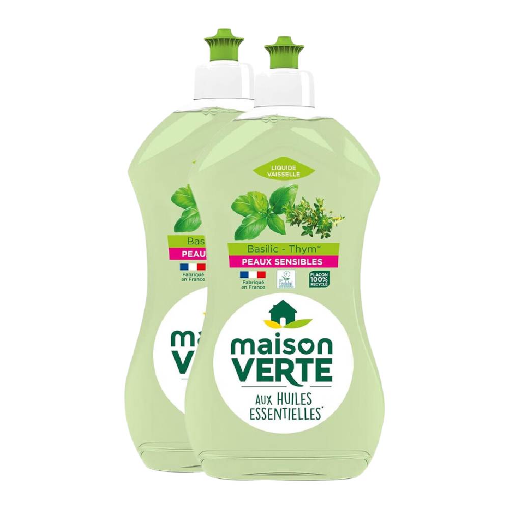 Maison Verte Liquide Vaisselle, Hypoallergénique, Thym & Basilic, 2 x 500 ml (= 1 L)