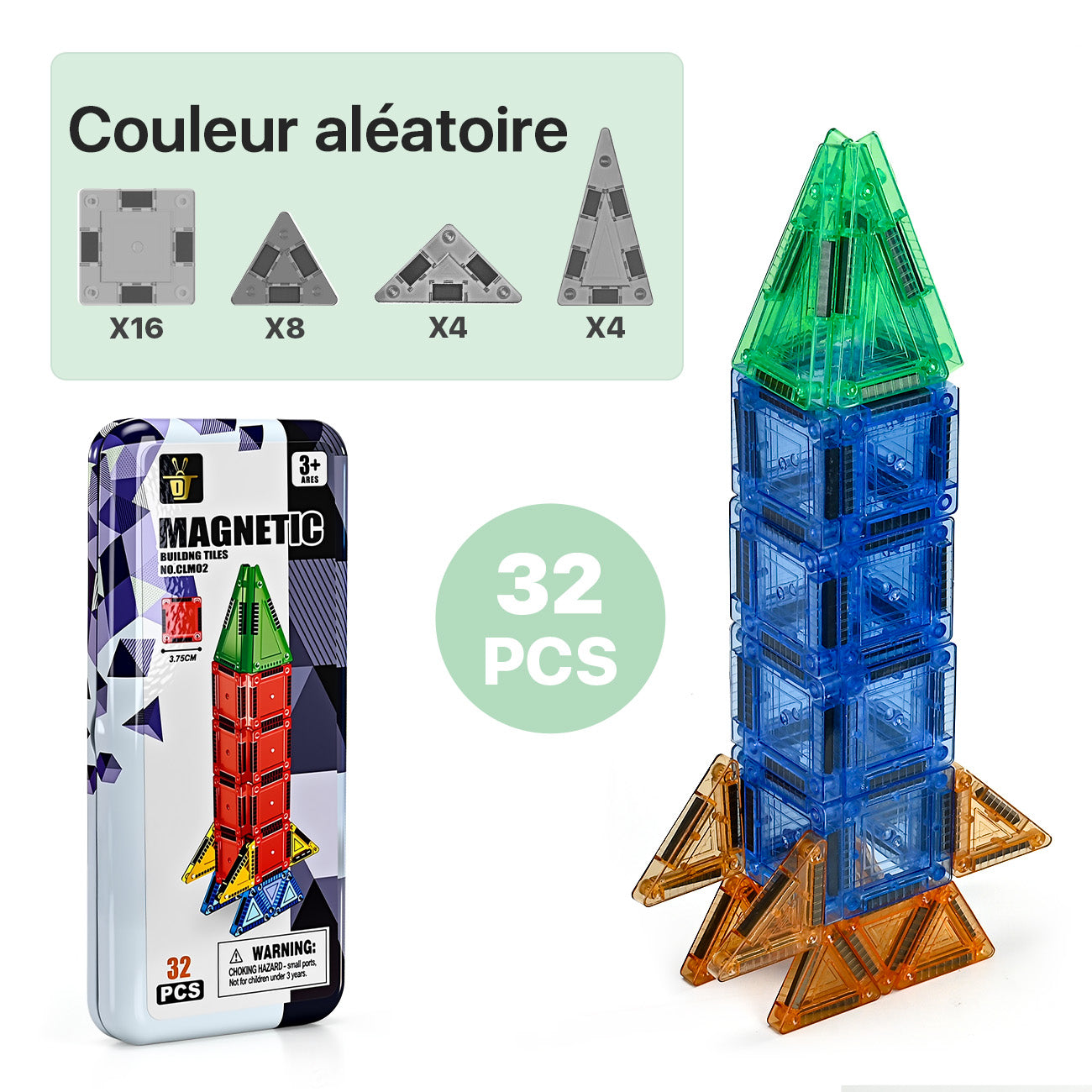 Tokky Jeu de Tuiles Magnétiques de 32 Pièces Boîte en Fer-Blanc Portable Jouet de Construction Éducatif d'Introduction Aspiration Magnétique Forte Matériau ABS Sûr Voyage Portable CLM02