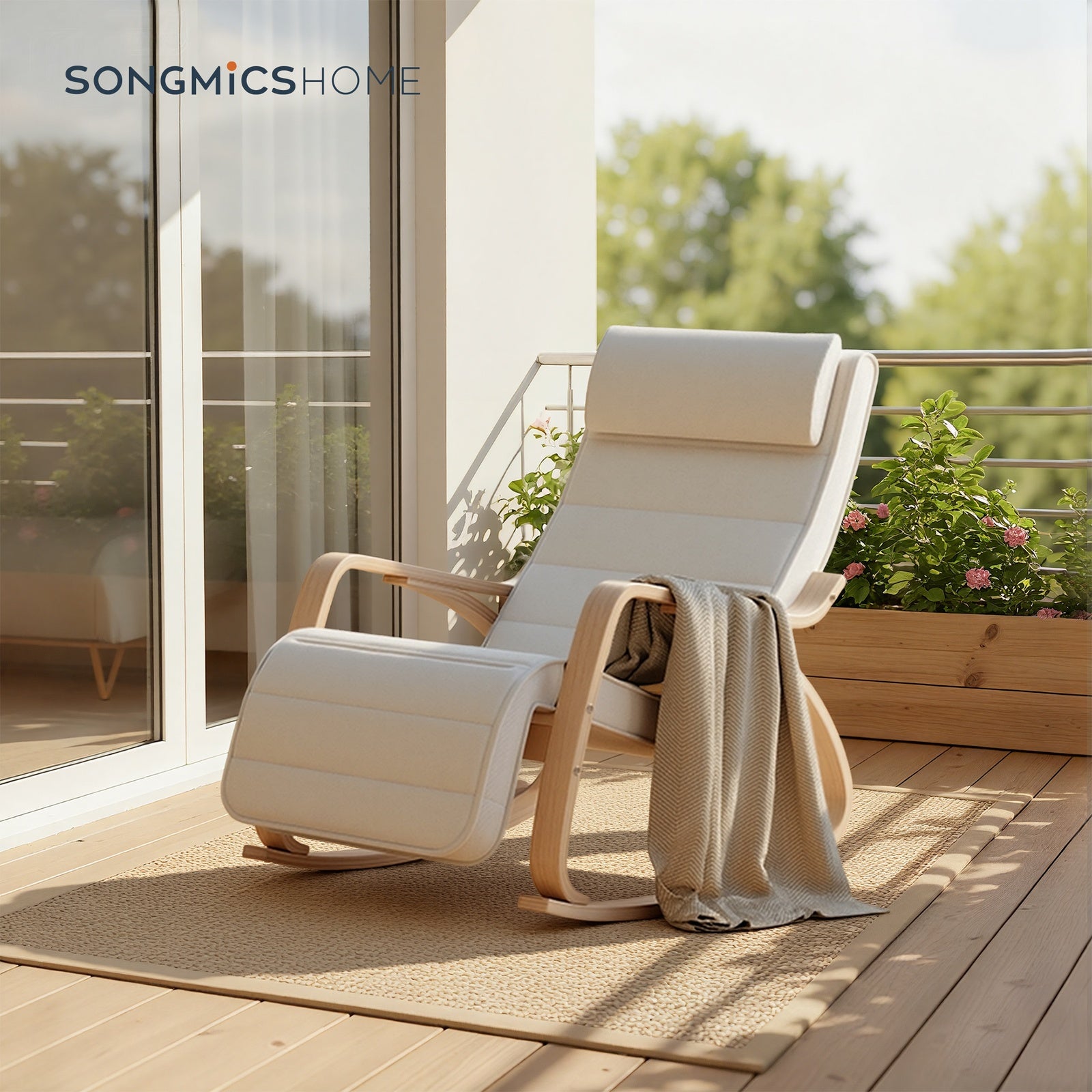 JOYFURNOS Fauteuil à bascule Beige En bois de bouleau Avec repose-pieds réglable Et housse amovible 121,5*65*84 cm Fauteuil de détente Pour salon ou chambre