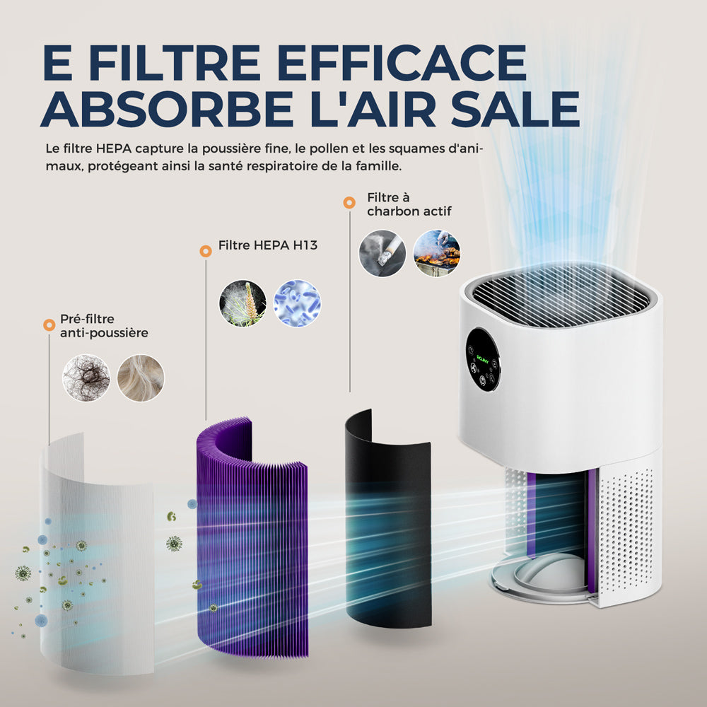 ROUNY Combo purificateur d'air et humidificateur 2-en-1, filtre HEPA H13, CADR 150 m³/h, couverture 20-50 m², mode veille ≤25 dB, affichage de la qualité de l'air