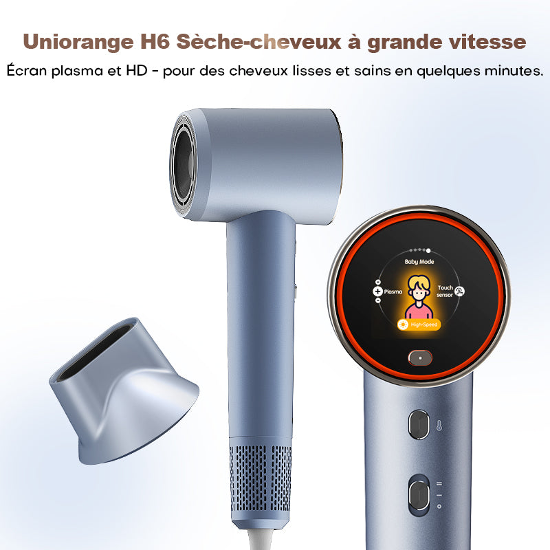 Uniorange H6 Sèche-cheveux haute vitesse à plasma, écran LCD HD, 5 modes intelligents, 1600 W de puissance et 1 milliard d'ions plasma, moteur haute vitesse 110 000 tr/min