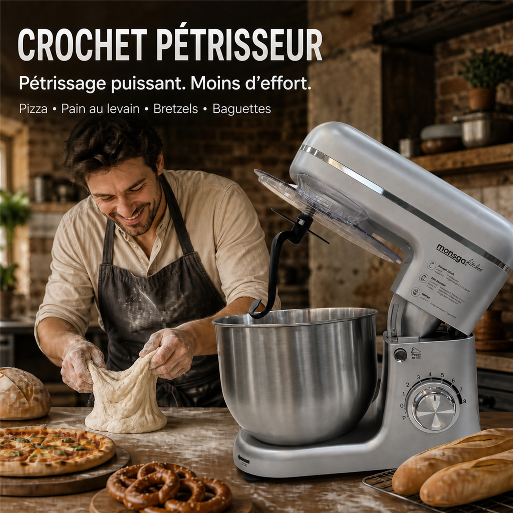monsga SM100 Robot pâtissier, 1000 W, Noir/Argent, Bol mélangeur en acier inoxydable 6,0 L, Silencieux, Fouet, Crochet pétrisseur, Batteur et Couvercle anti-éclaboussures, 8 vitesses
