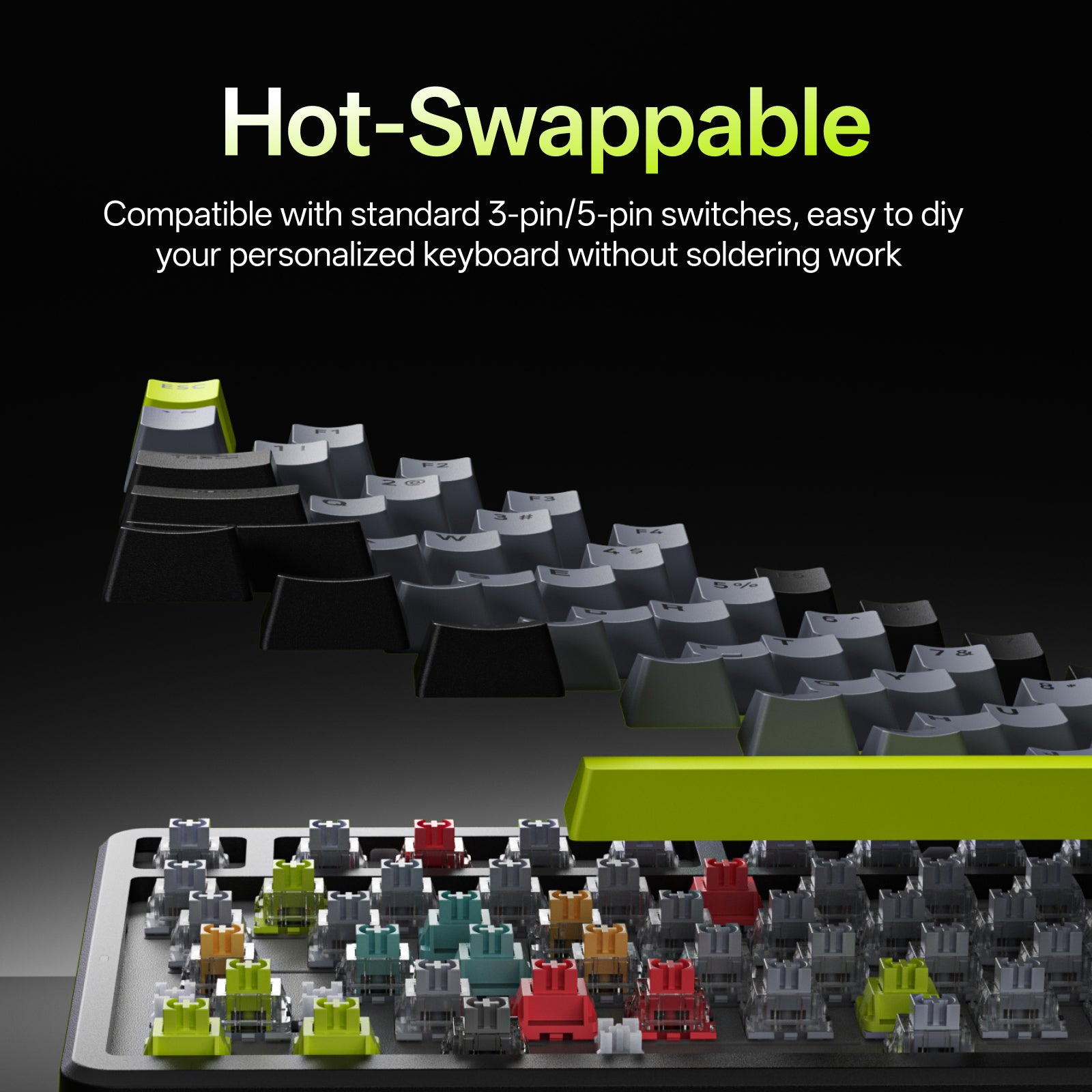 Rapoo V700DIY Clavier mécanique 96 % tri-mode, Gasket Mount et disposition QWERTY US - Noir/gris/vert
