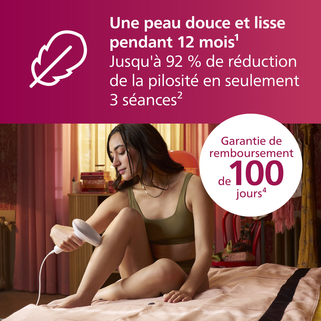 Philips Lumea Series 7000 BRI921/00 Épilateur à lumière pulsée avec capteur de teinte de peau, flashs rapides, embouts corps et visage, épilation semi définitive à domicile