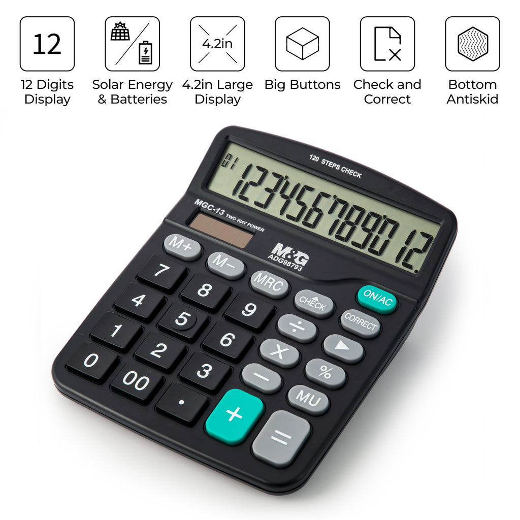 M&G Calculatrice de bureau 12 chiffres avec grand écran LCD, fonction de vérification et de correction, double alimentation solaire et batterie - Noir