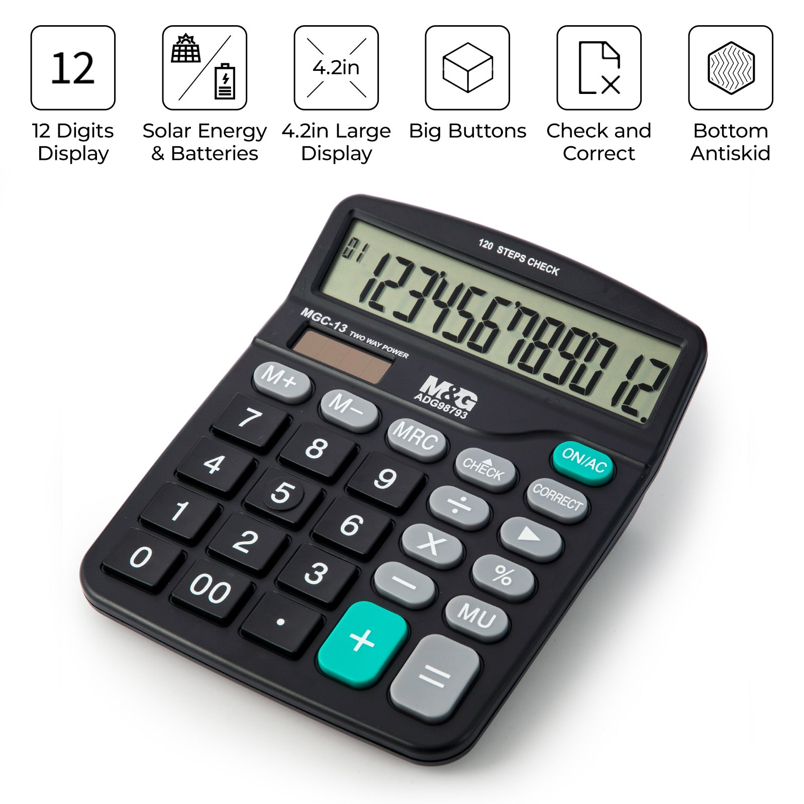 M&G Calculatrice de bureau 12 chiffres avec grand écran LCD, fonction de vérification et de correction, double alimentation solaire et batterie - Noir
