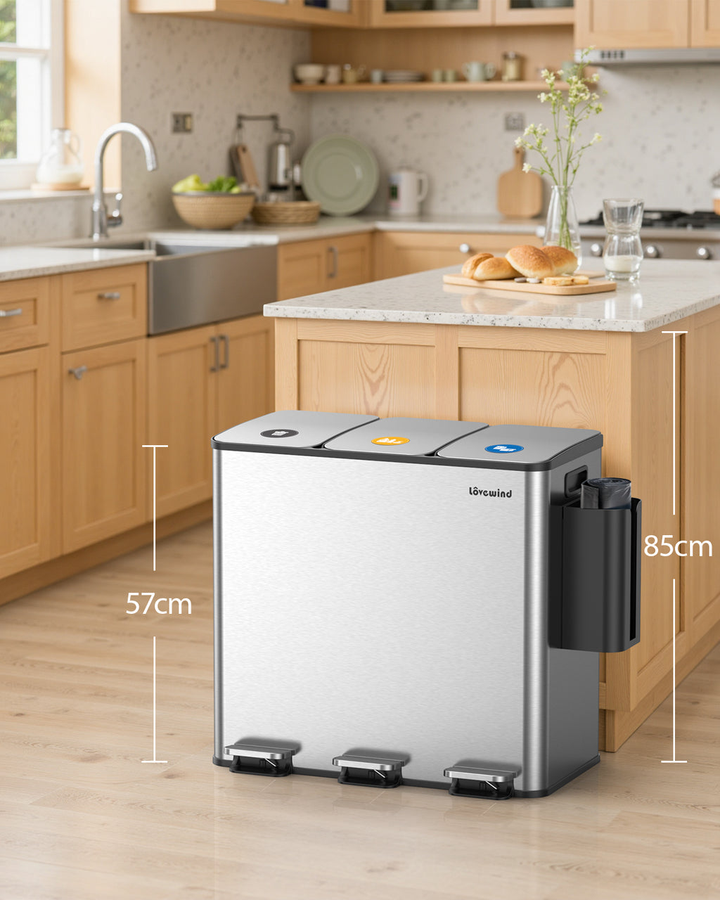 Poubelle de cuisine 60 L (3 x 20 L) en acier inoxydable, poubelle et bac de recyclage combinés avec couvercle à fermeture douce, poubelle à pédale à double compartiment pour recyclage, argenté