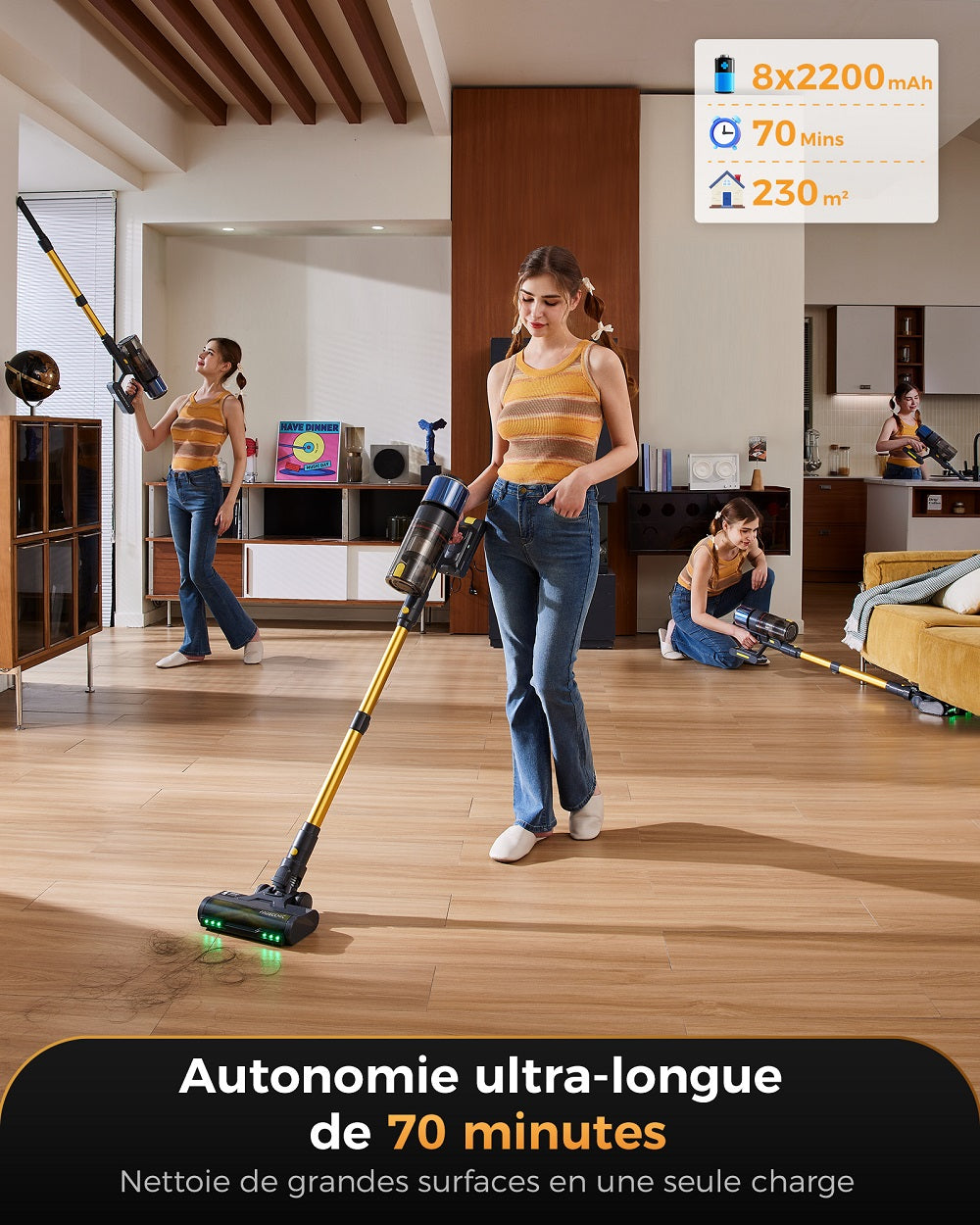 Proscenic 15 aspirateur sans fil, puissant 600 W/55 kPa 70 min aspirateur sans fil autoportant avec support mural