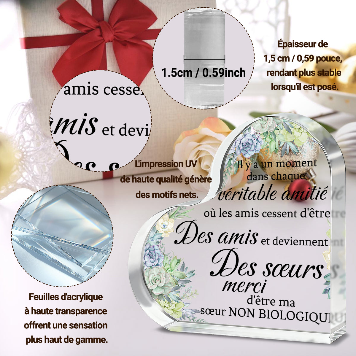 Alphynix 1 pc Plaque Cœur French Sisterhood, "Merci d'être ma sœur non biologique" Cadeau en cristal avec fleurs succulentes peintes à la main, Souvenir d'amitié spirituelle pour sœur d'âme