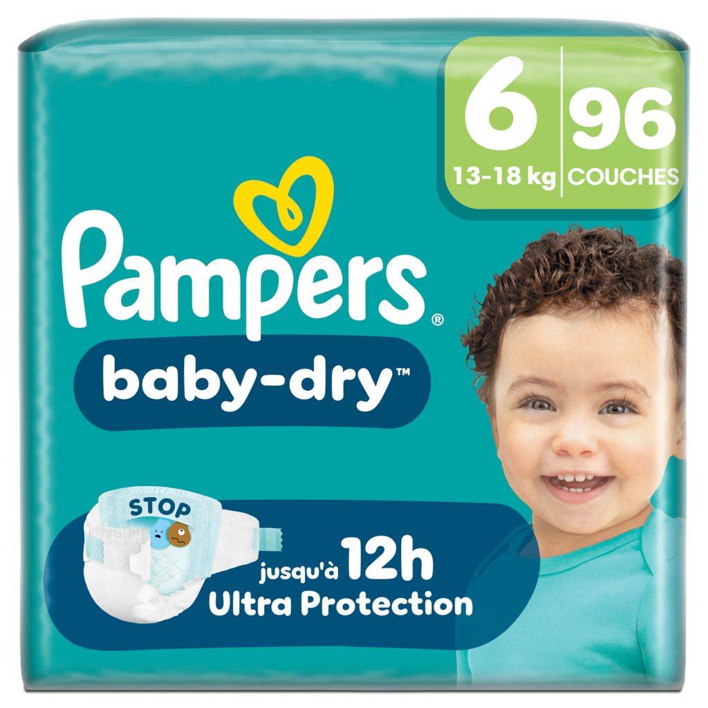 Pampers Baby-Dry, Taille 6, 96 Couches, 13-18kg, Une nuit jusqu'à 100% sans fuites avec la Poche Stop & Protect à l’arrière de la couche