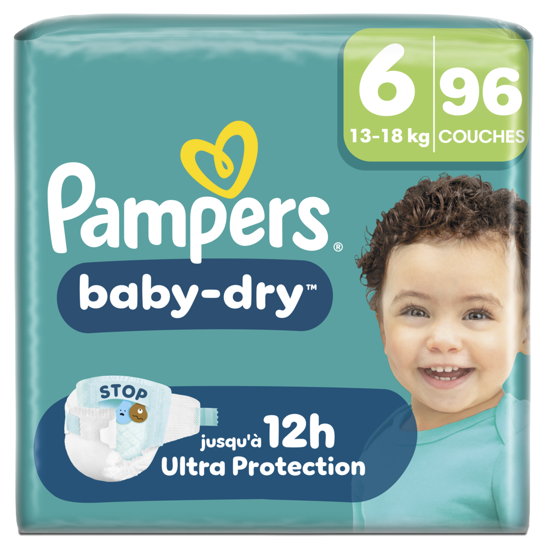 Pampers Baby-Dry, Taille 6, 96 Couches, 13-18kg, Une nuit jusqu'à 100% sans fuites avec la Poche Stop & Protect à l’arrière de la couche