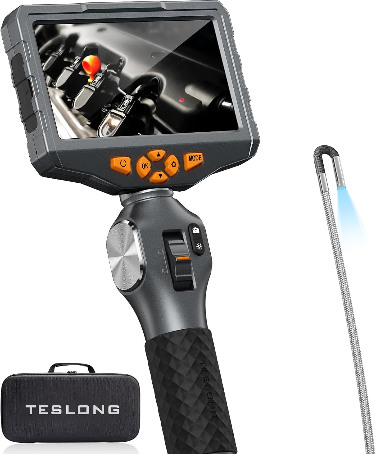 Teslong TD500 Caméra d’inspection articulée bidirectionnelle 3,9 mm avec éclairage, Endoscope à écran IPS 5 po avec sonde articulée, Caméra boroscope avec éclairages