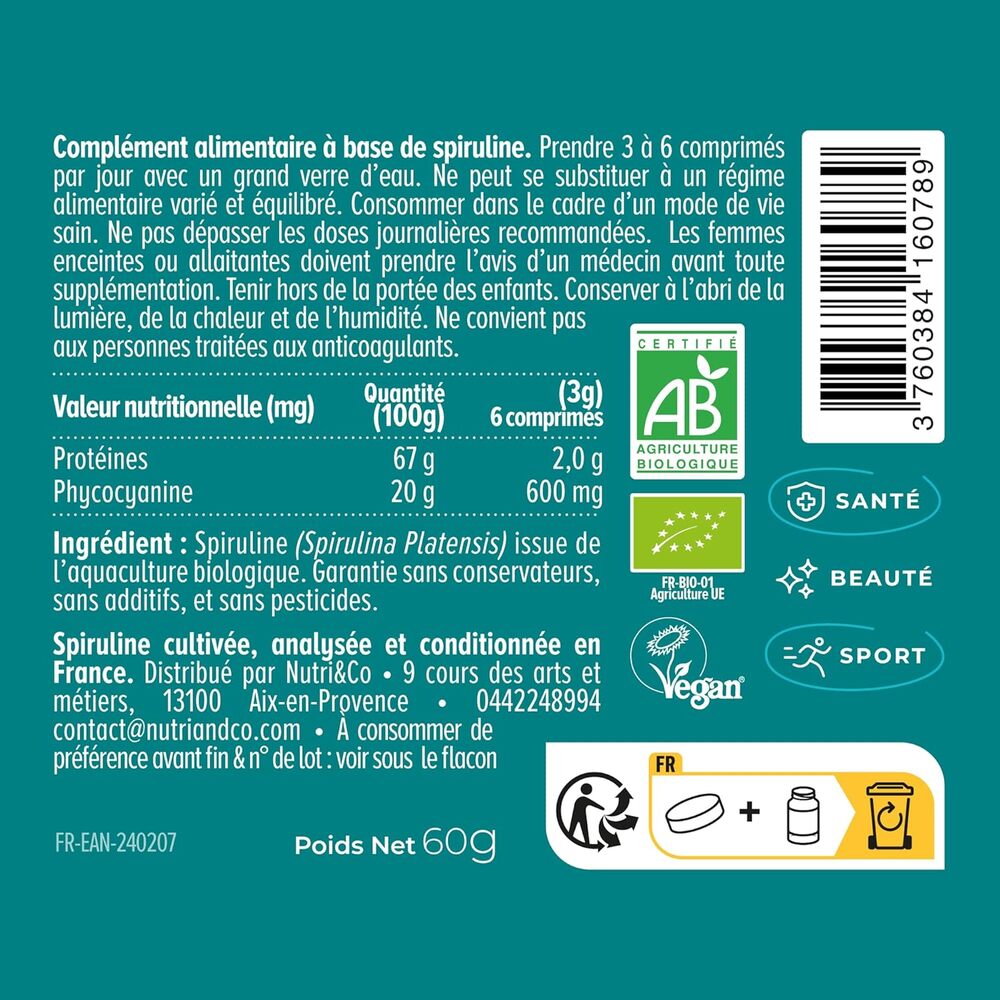 Nutri&Co Spiruline BIO 100 % française - 120 comprimés