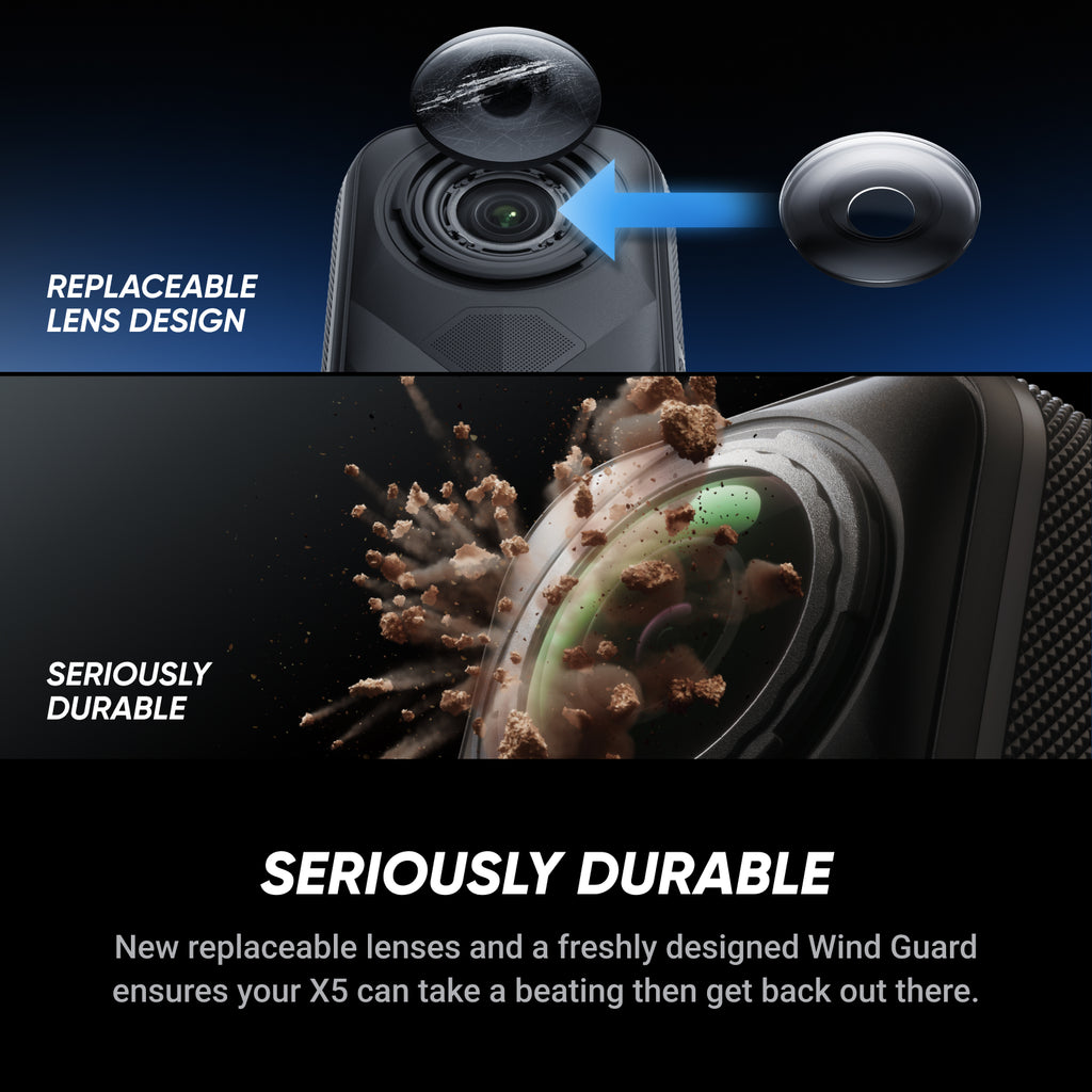 Insta360 X5 - Caméra d'action 360° 8K étanche, excellente performance en basse lumière, effet perche à selfie invisible, objectif remplaçable robuste, autonomie de 3 heures