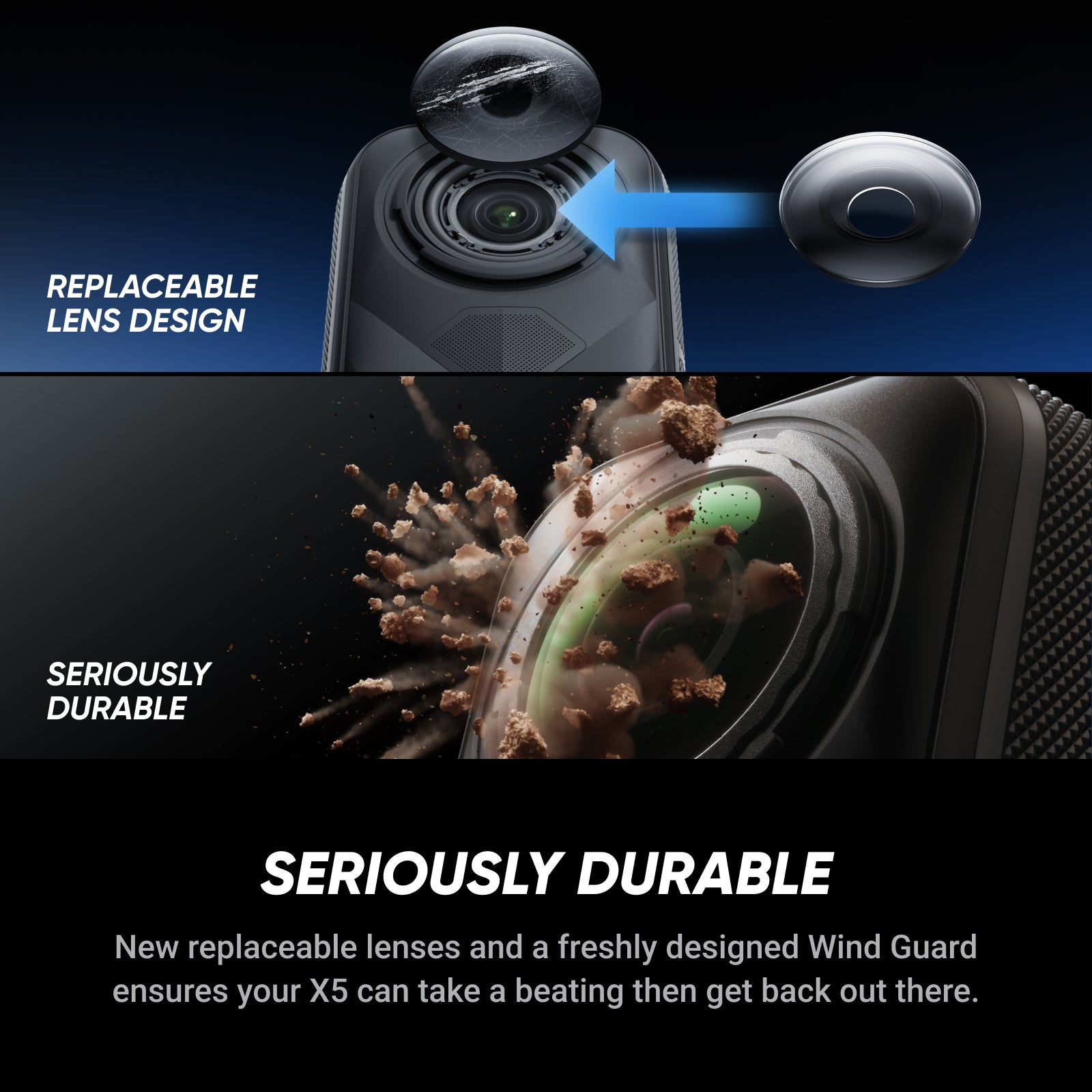 Insta360 X5 - Caméra d'action 360° 8K étanche, excellente performance en basse lumière, effet perche à selfie invisible, objectif remplaçable robuste, autonomie de 3 heures