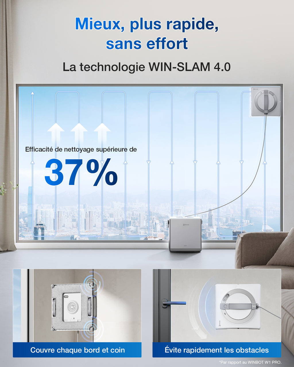 ECOVACS WINBOT W2 Pro Omni Robot lave-vitres avec station multifonction, se recharge pendant le fonctionnement, embout de nettoyage à triple buses, système de protection à 12 niveaux