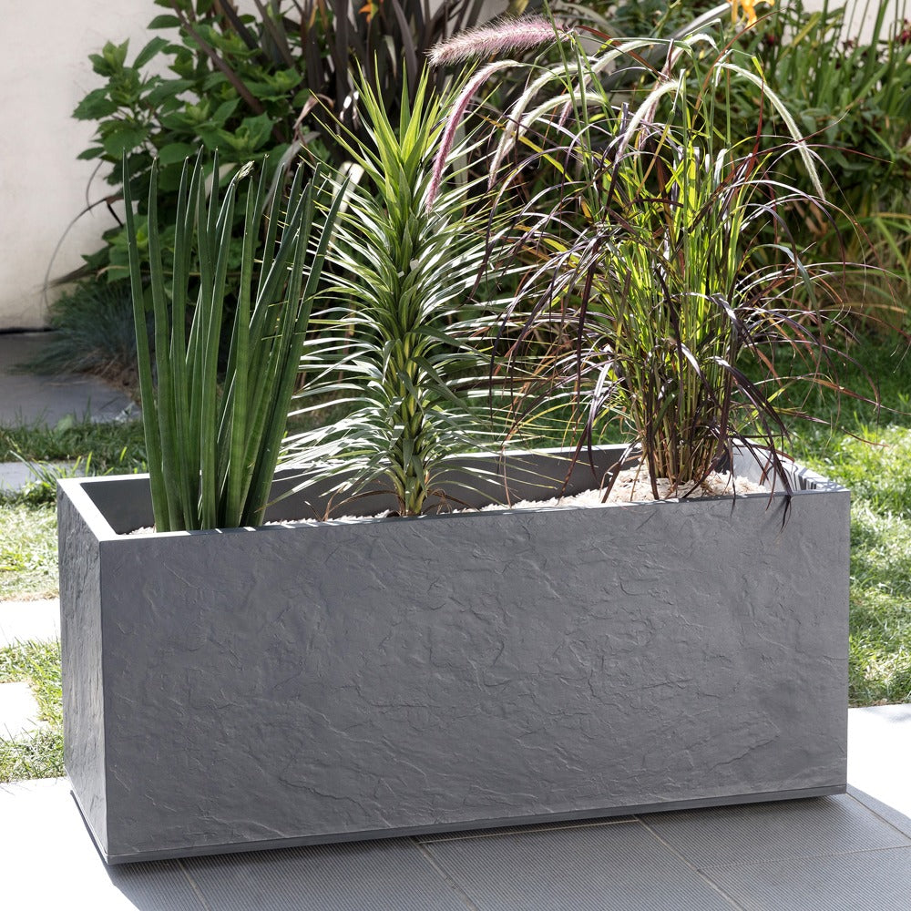 EDA Jardinière VOLCANIA Beige Calcaire Double paroi - avec zone de rétention d'eau Dim. 99,5 x 39,5 x 43,5 cm - Volume 98 L
