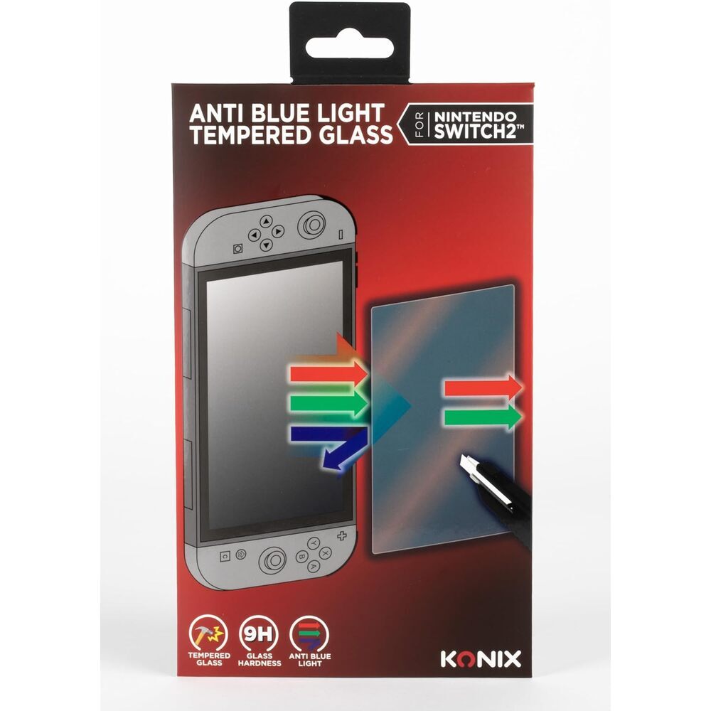 KONIX Protection d'écran en verre trempé pour Nintendo Switch 2 – Filtre anti-lumière bleue – Installation sans bulles – Dureté 9H – 100 % transparent