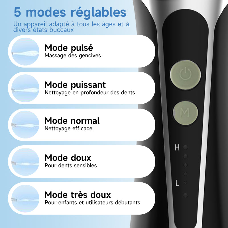 h2ofloss HF-2 Hydropulseur avec 5 modes, 5 canules, rechargeable par USB, étanche IPX7, réservoir d'eau de 300 ml - Noir