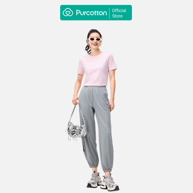 Purcotton T-shirt Femme Col Rond Antibactérien - Confortable & Doux Pour La Peau - Polyvalent & Basique - Commutation Quotidienne - Rose Eau - 160/84A
