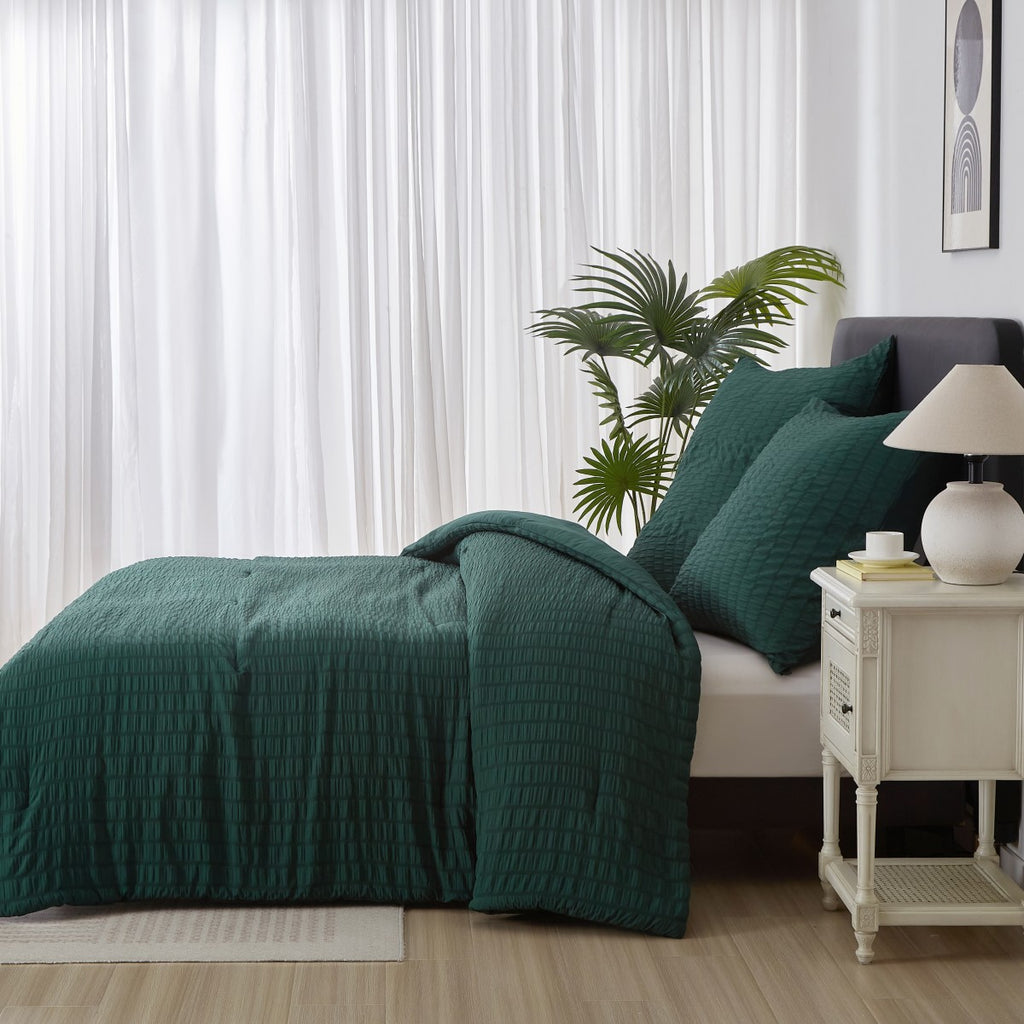 MEEALLHOME Parure de lit texturée Seersucker vert foncé - 1 housse 200 x 200 cm et 2 taies 65 x 65 cm