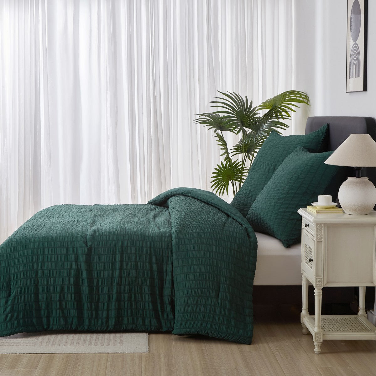 MEEALLHOME Parure de lit texturée Seersucker vert foncé - 1 housse 200 x 200 cm et 2 taies 65 x 65 cm