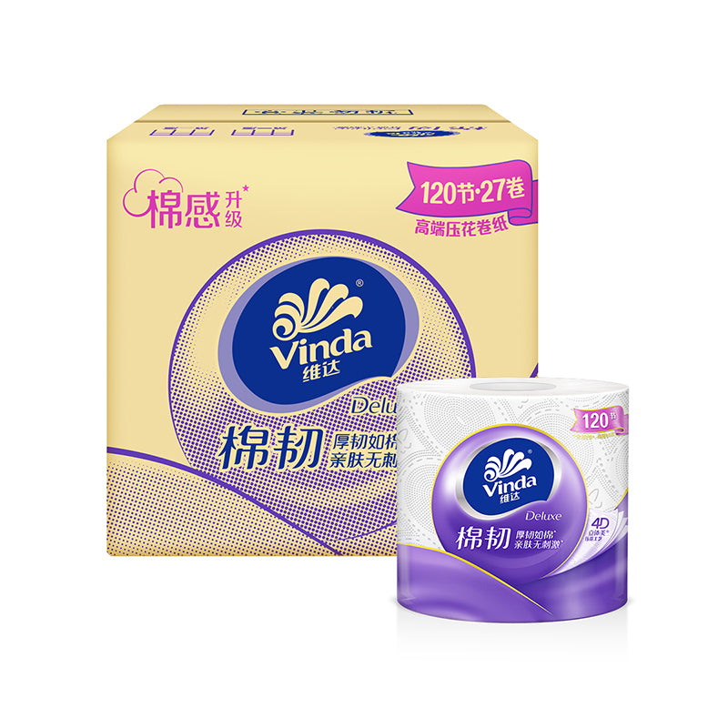Vinda Rouleaux de papier toilette gaufrés, doux et résistants, effet coton, 4 plis, 110 g par rouleau, 27 rouleaux au total