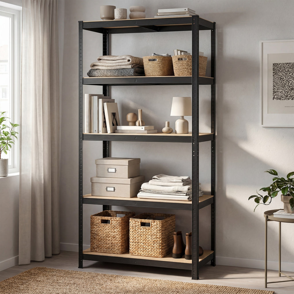 JOYFURNOS Étagère à 5 niveaux, Étagère en acier pour rangement, Montage sans outils, Pour garage, abri, Capacité de charge 600 kg, 50 x 100 x 200 cm, Noir