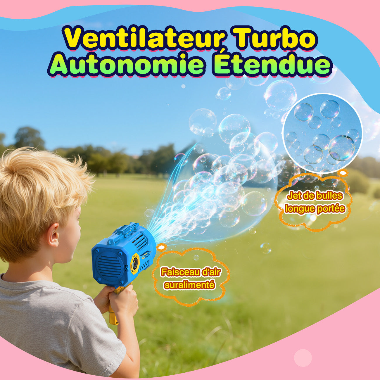 TOKKY Pistolet à bulles électrique 36 trous pour enfants avec lumières colorées et liquide à bulles de remplacement - Bleu