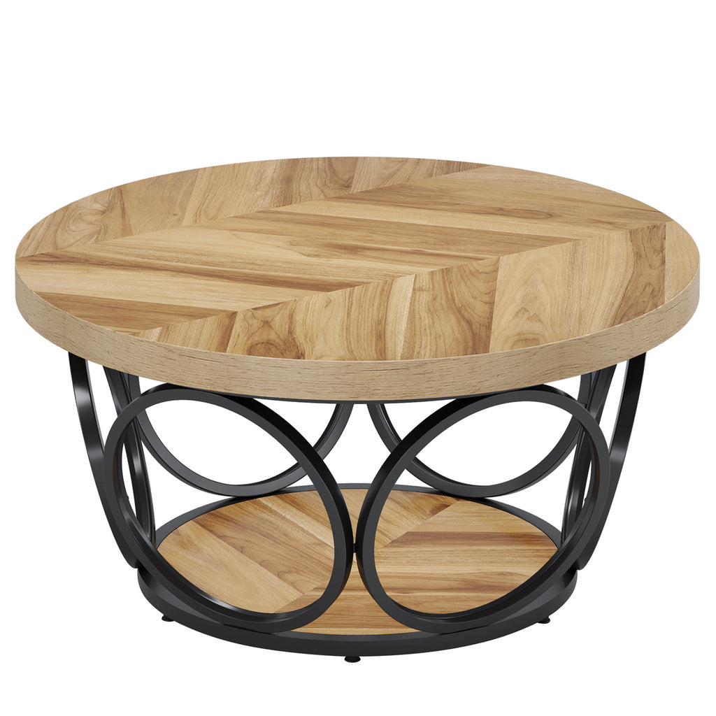 Tribesigns Table basse ronde 80 cm style ferme, rangement 2 niveaux, cadre en métal, grain de bois marron
