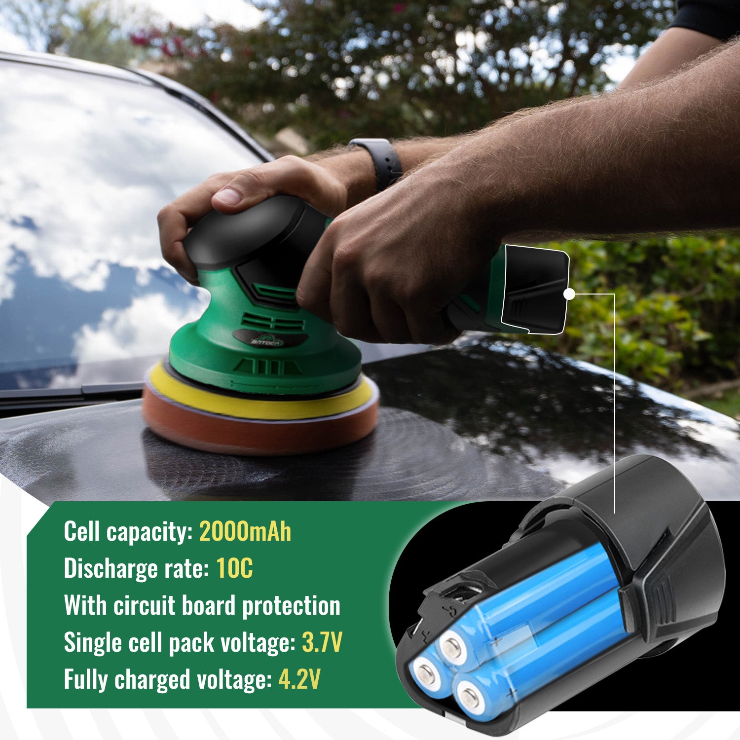 BATOCA Polisseuse-lustreuse sans fil pour voiture - 1 pièce, batterie lithium-ion rechargeable 2,0 Ah 12 V, polisseuse sans balais à 6 vitesses variables