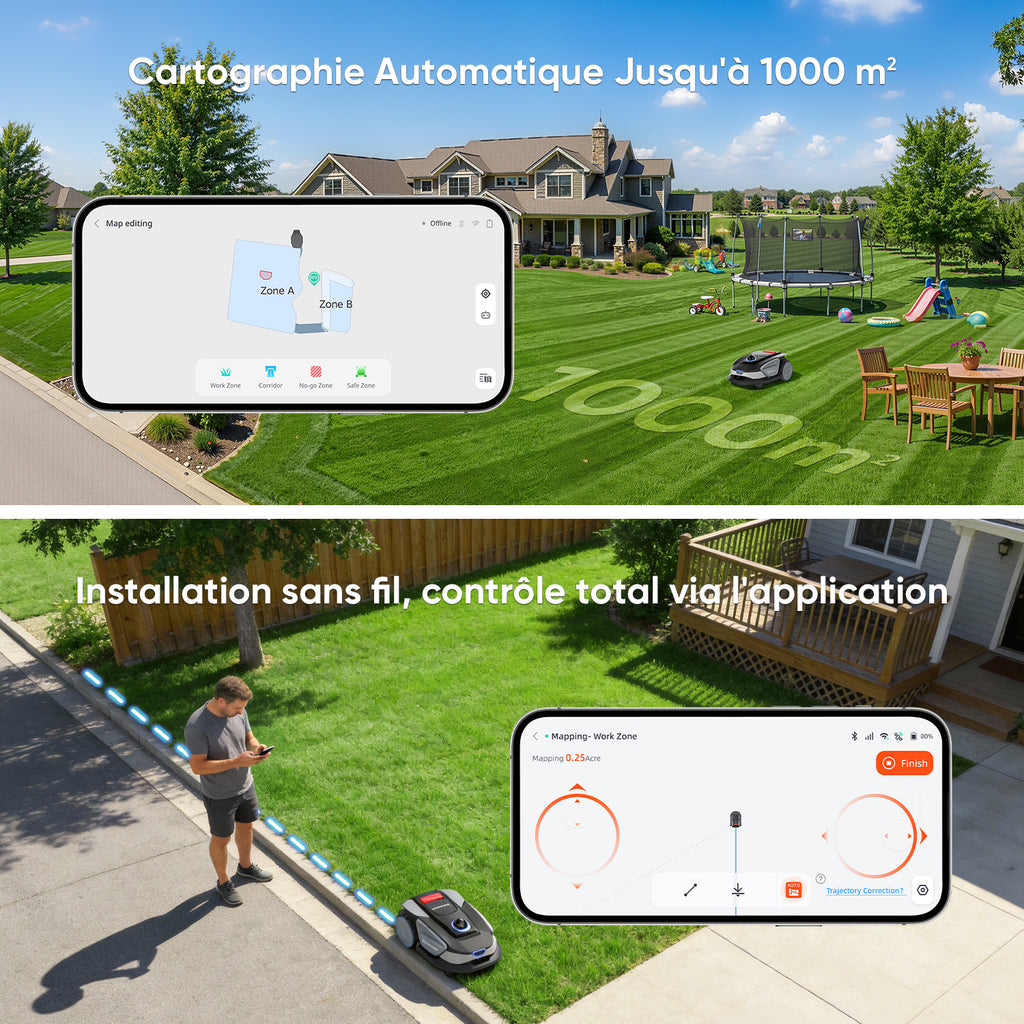 Sunseeker S4 Robot Tondeuse Sans Fil à Périmètre pour 1000 m² – LiDAR 360° et Vision IA, Cartographie Automatique, Évitement Intelligent des Obstacles, Multi-Zones, Contrôle Via Application