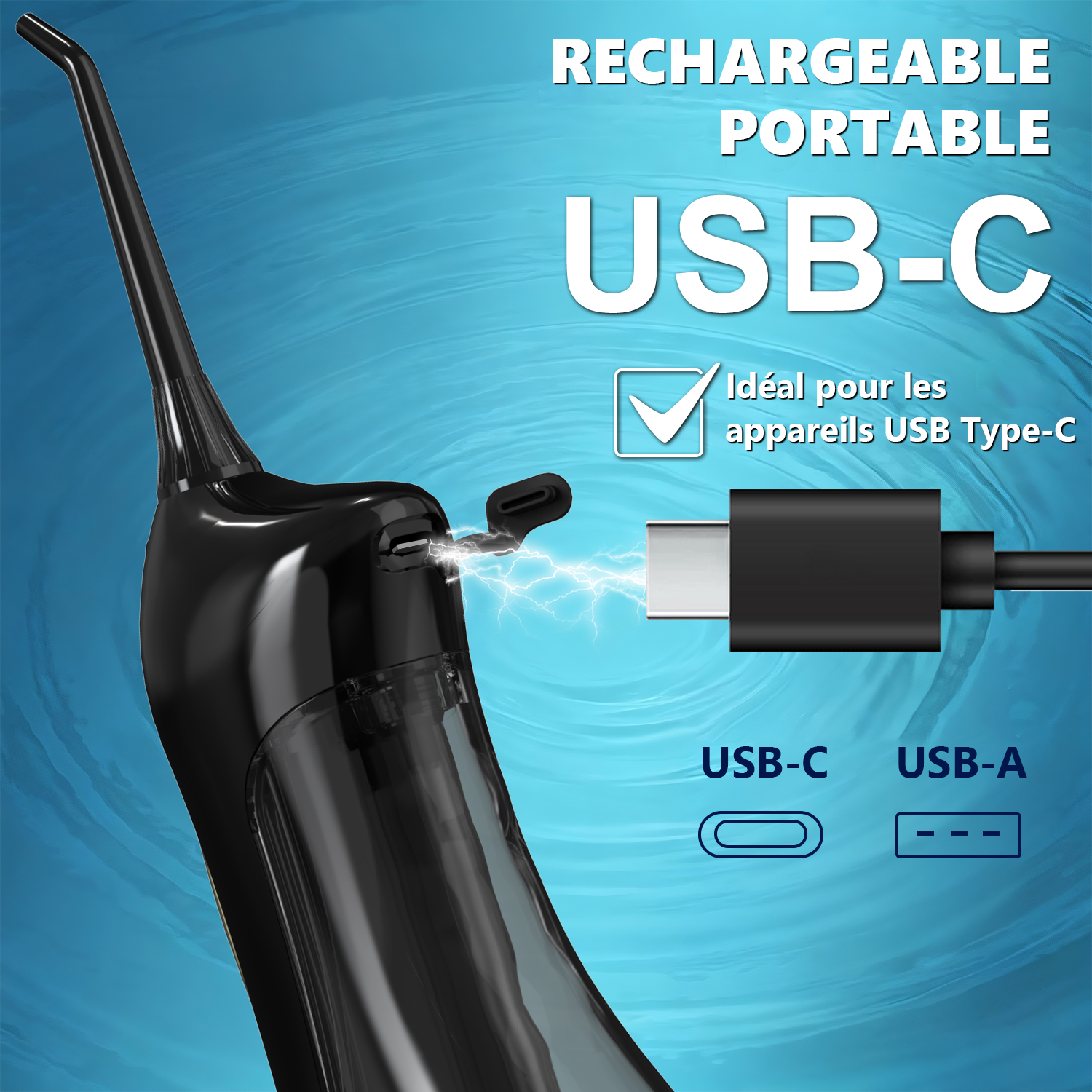 Sunluxy Hydropulseur dentaire portable sans fil, forte pression d’eau 140 PSI, 5 modes, buse rotative 360°, grand réservoir 300 ml, autonomie 40 jours, équipé de 4 types de buses, F5 Noir