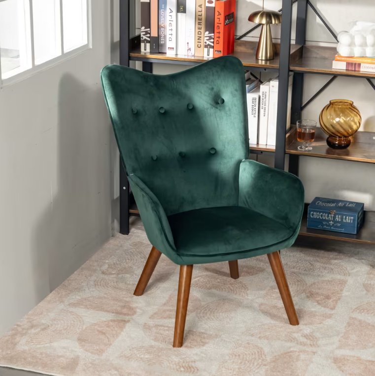 URBAN MEUBLE Fauteuil Velours vert Pieds en bois Confortable