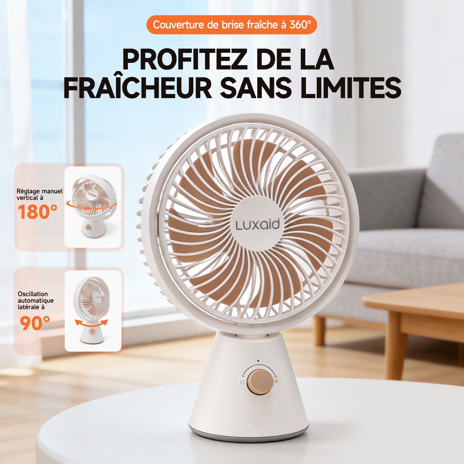 Luxaid Ventilateur de bureau portable, batterie 4000 mAh , oscillation manuelle verticale à 180° + oscillation automatique horizontale à 90°, 7 pales