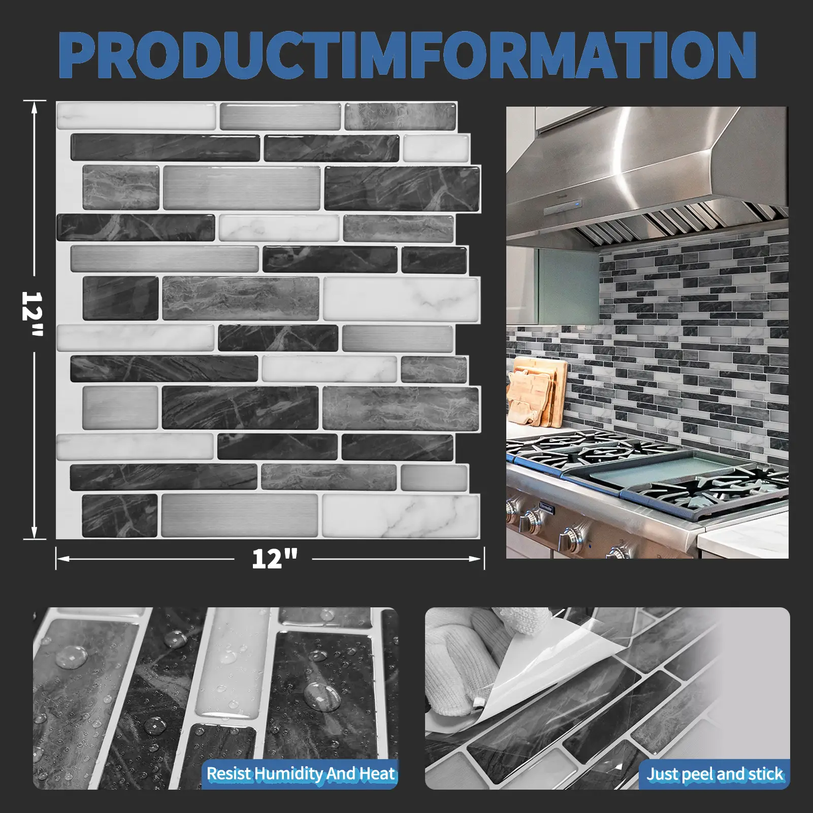 Art3d Lot de 10 carreaux de mur autocollants, revêtement de plan de travail en vinyle à décoller et à coller pour cuisine, 30 x 30 cm, carreaux décoratifs texturés